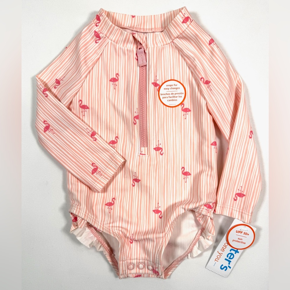 NWT JUST ONE YOU BY CARTER’S Flamingo Striped UPF 50+ Zip Front One Piece 9M